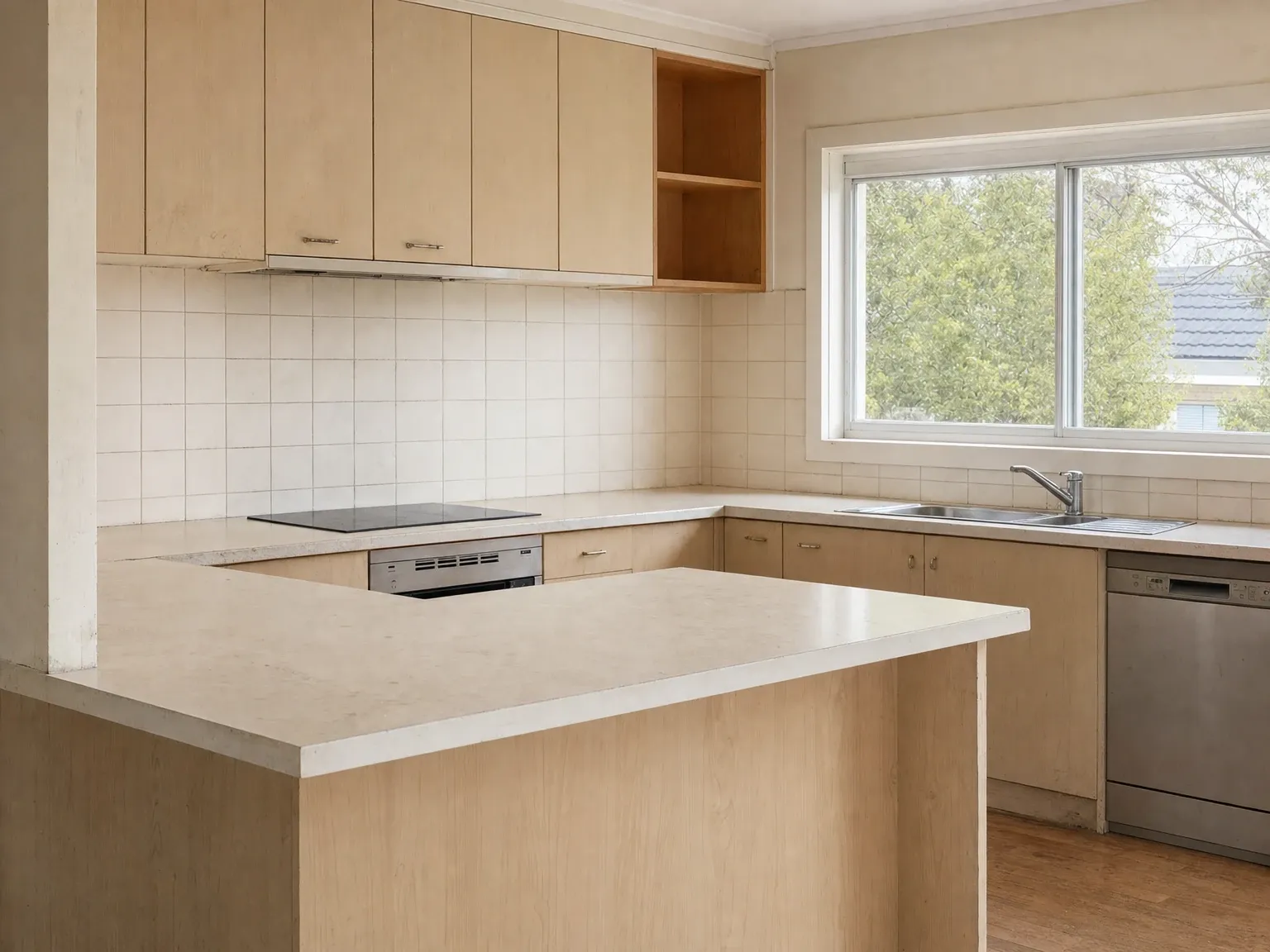 Dated Australian kitchen with tired cabinetry and finishes before an AI restyling edit