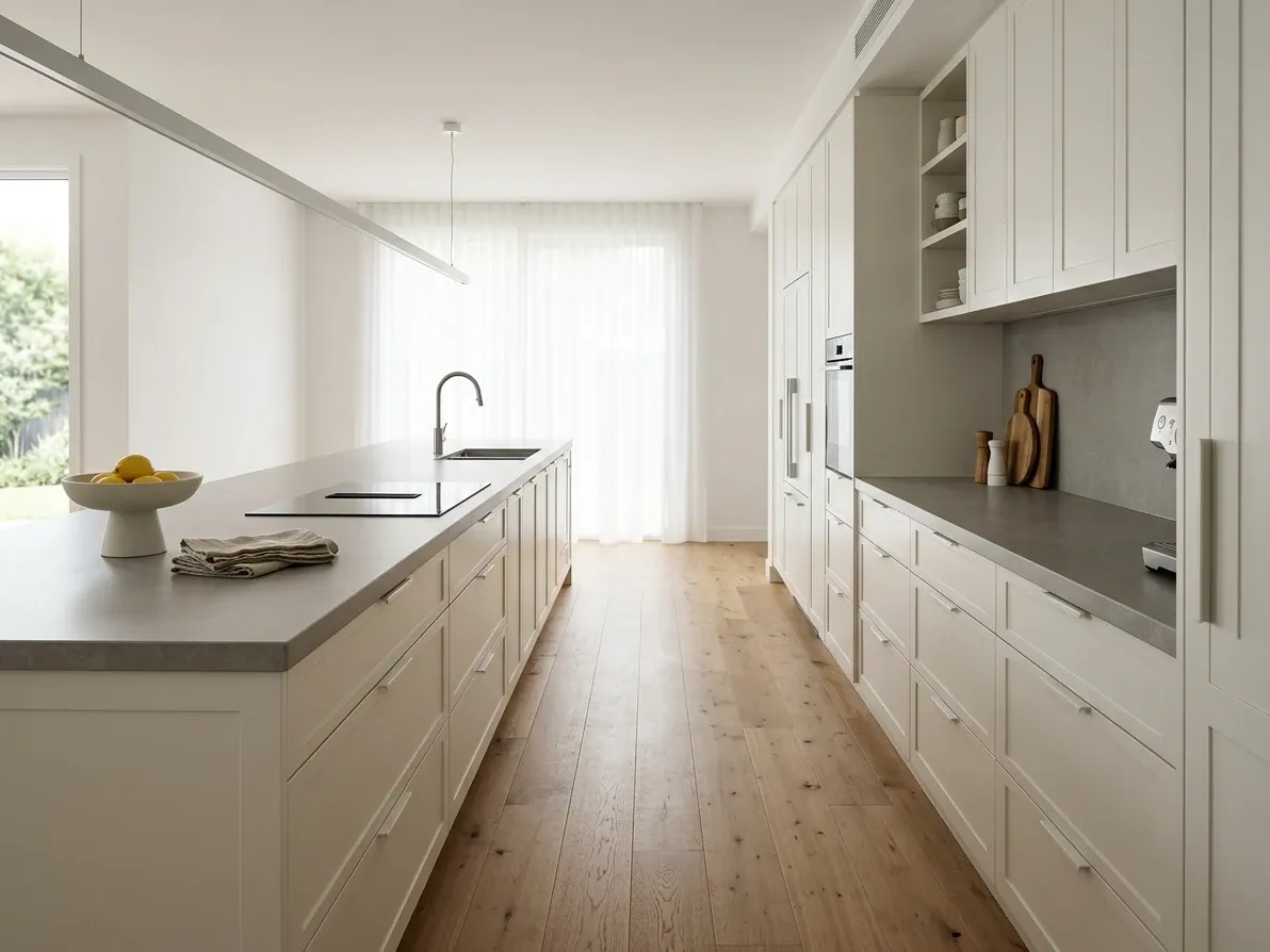 Australian kitchen with generous walkway clearance between the island and main run