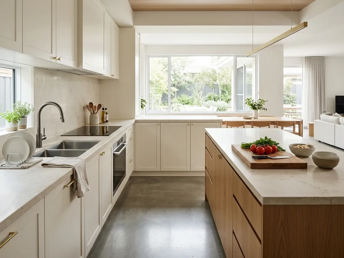 Australian kitchen showing clearly separated prep, cleaning and cooking zones