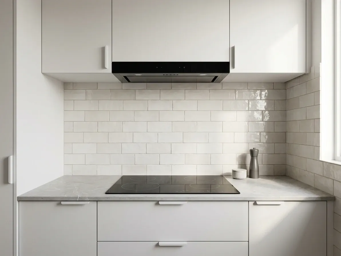 A slimline rangehood mounted above an induction cooktop and tiled splashback in a kitchenette
