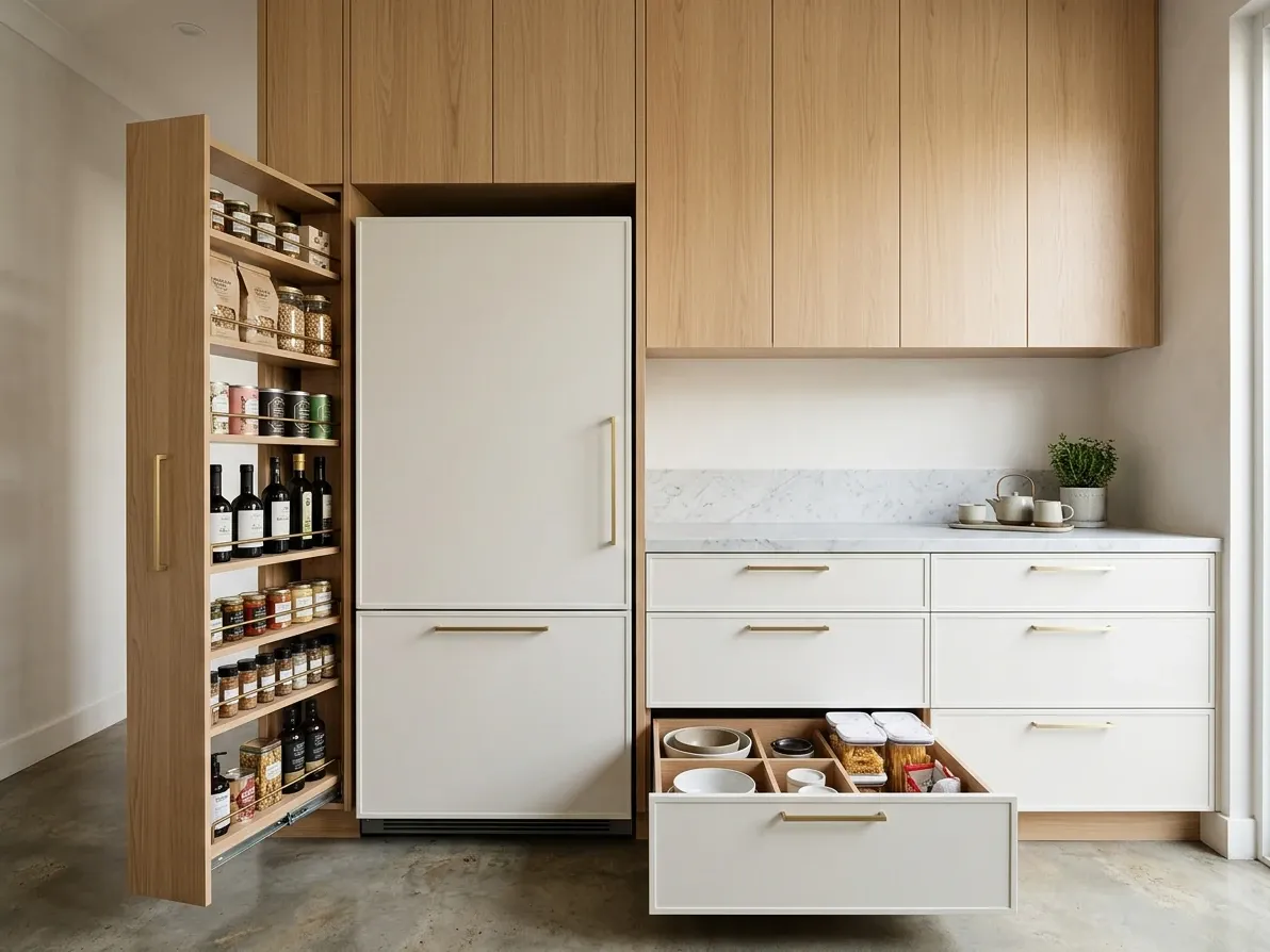 A slim pull-out pantry open beside deep drawers and full-height cabinetry in a kitchenette
