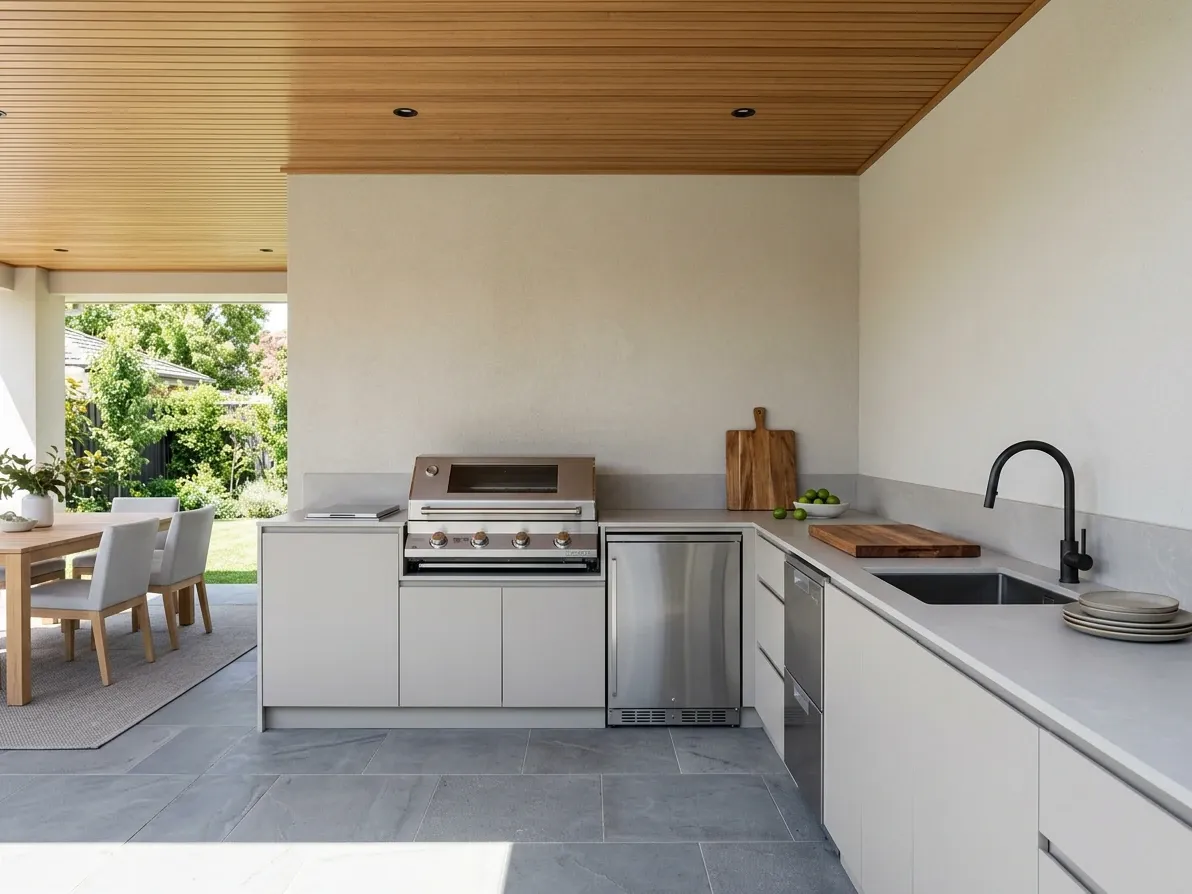 L-shape outdoor kitchen with BBQ on the long run and sink on the return