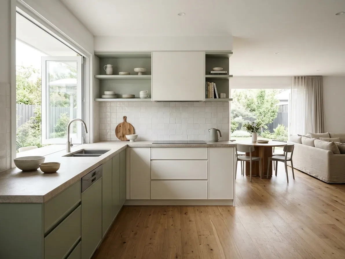 L-shaped kitchen with two cabinetry runs meeting at a corner in an Australian home