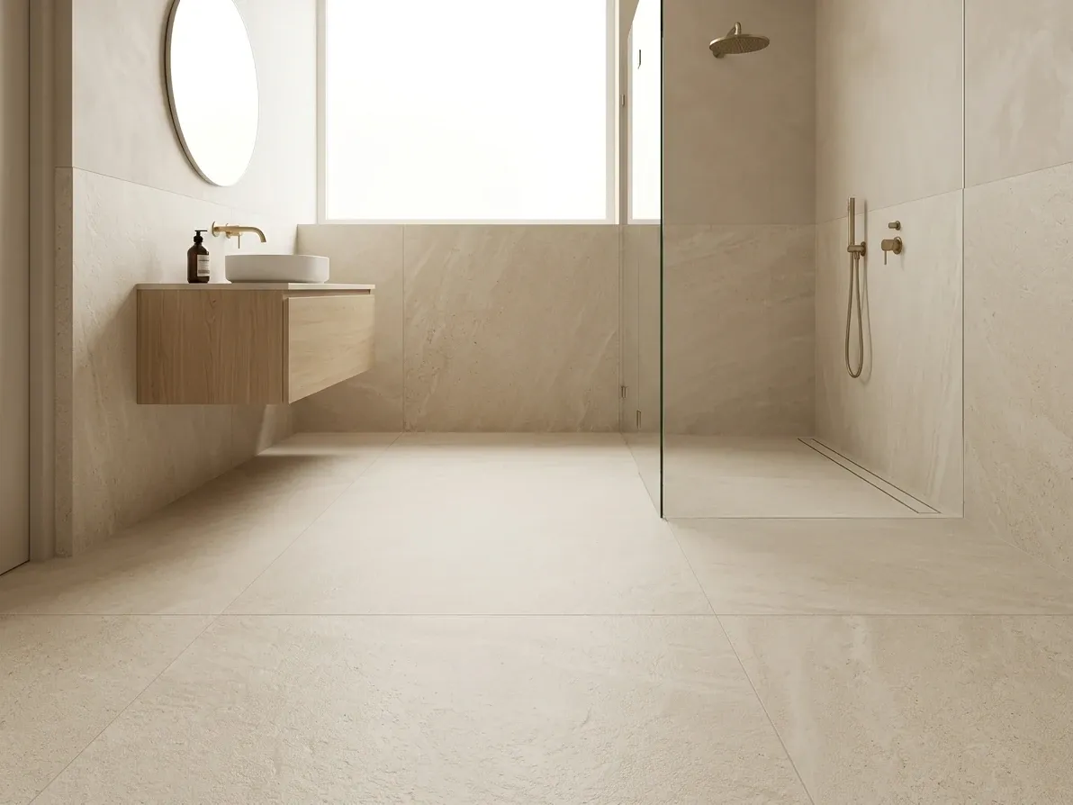 Australian bathroom with large-format stone-look porcelain floor running continuously under a hobless shower threshold