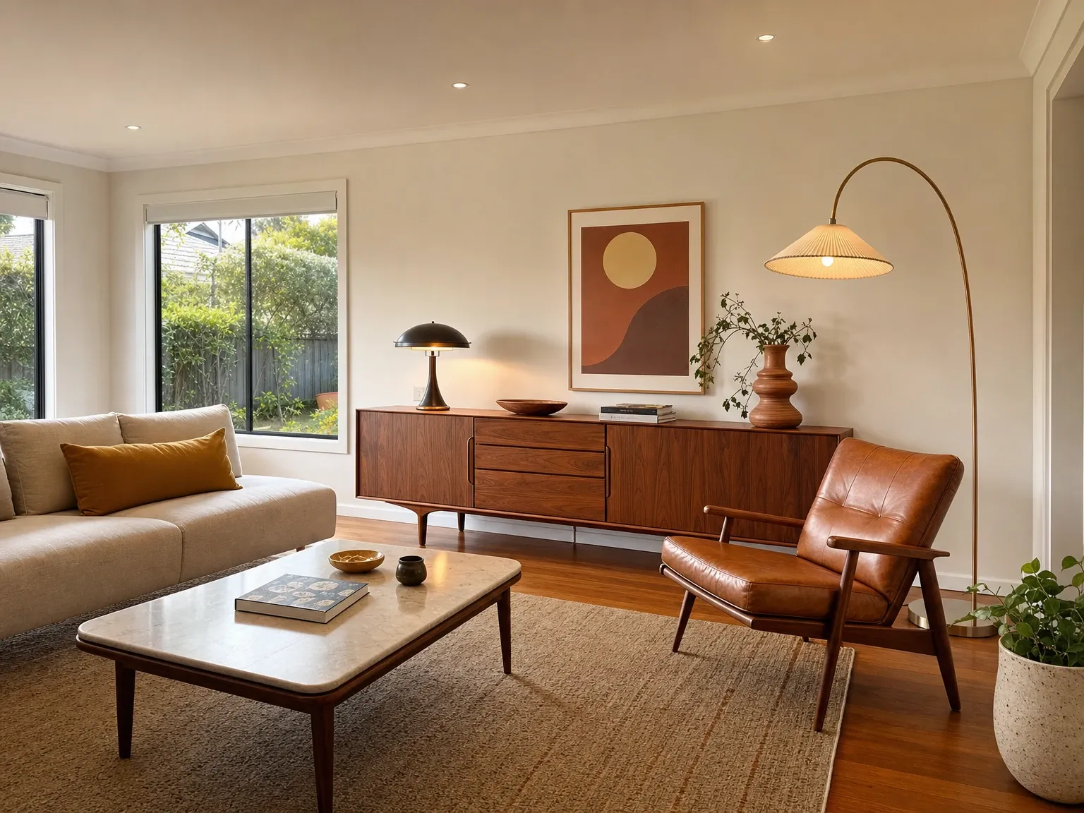 The same living room rendered in warm mid-century modern style with walnut and restrained accents