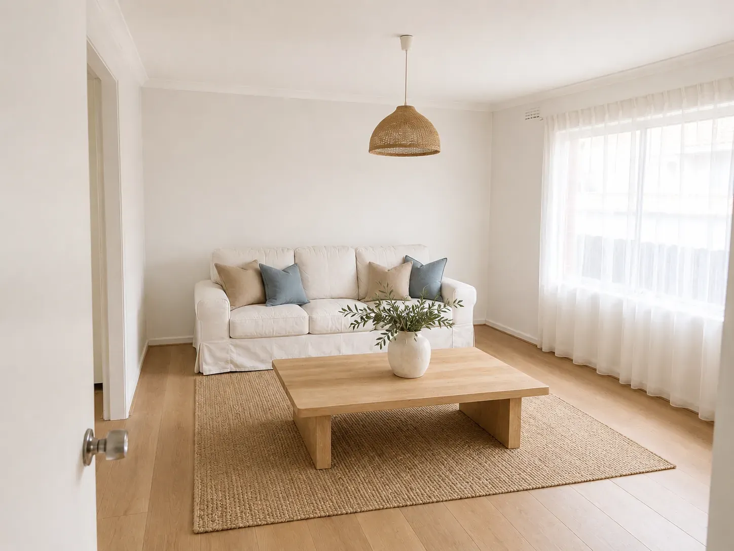 The same living room rendered in modern coastal style with oak floors, linen sofa and natural textures
