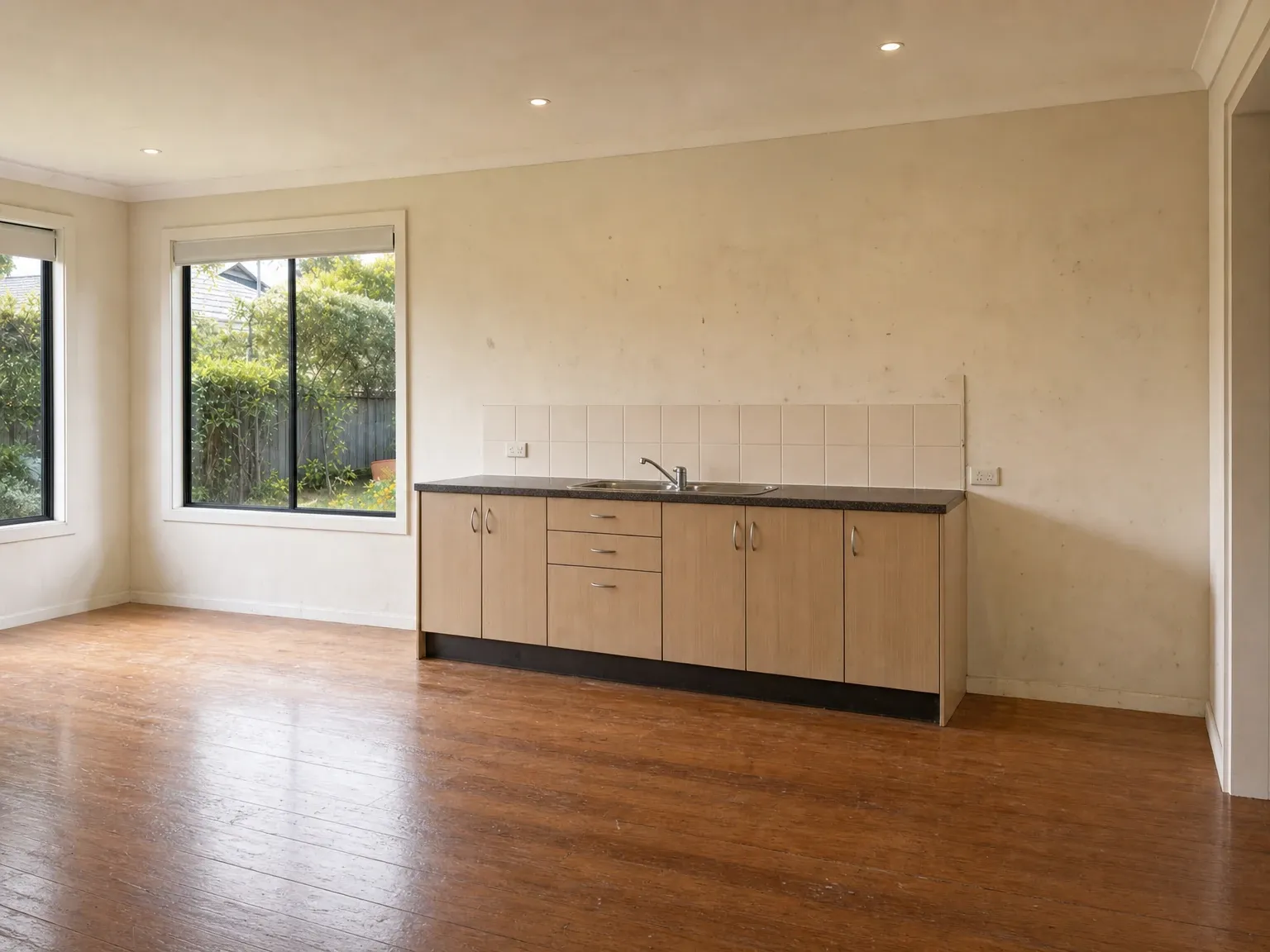 Existing Australian living room before a mid-century modern restyling visualisation