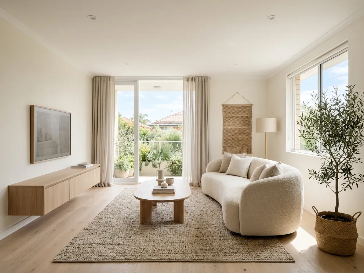 Apartment-scale living room restyled into warm modern coastal with a boucle sofa, pale oak floor and layered rug