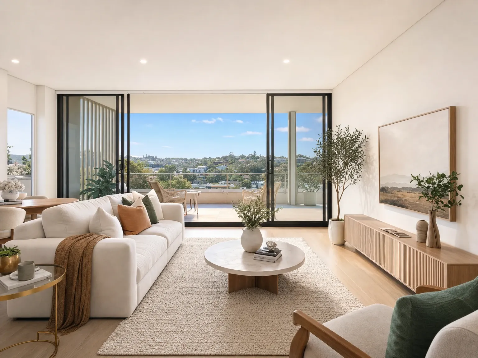 The same living room after virtual staging with warm contemporary furniture and styling