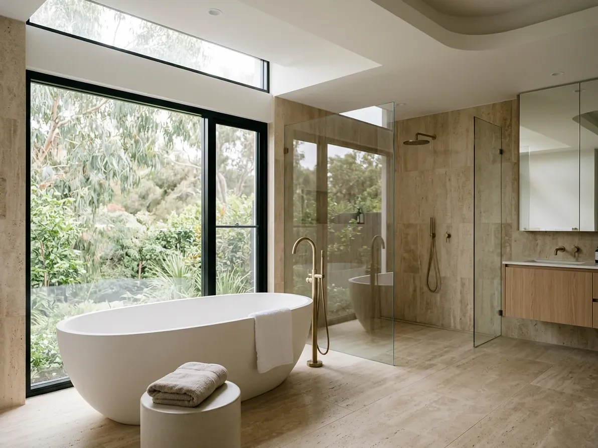 Generous master ensuite with a freestanding bath beside a walk-in shower