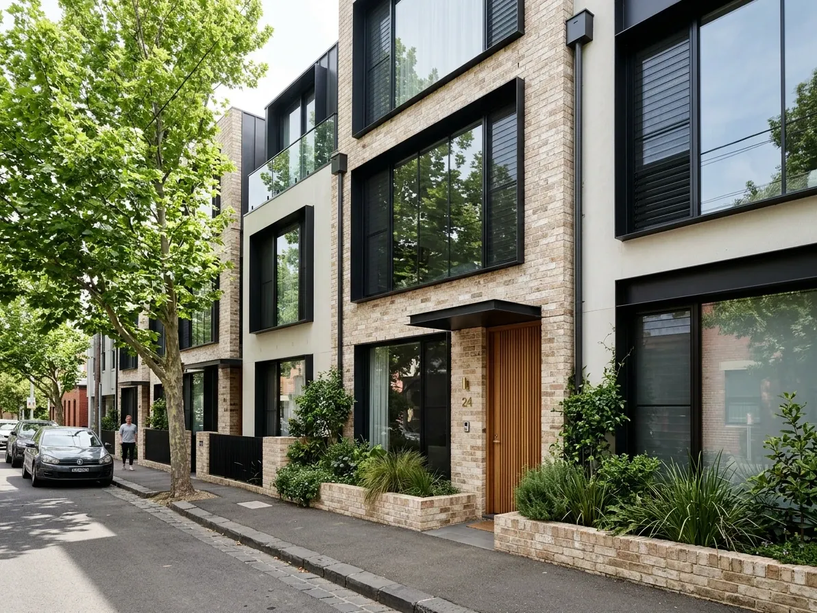 Contemporary inner-Melbourne townhouse facade on a residential street