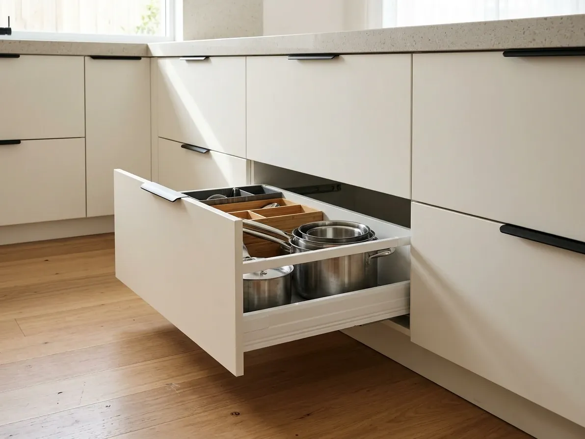 METOD base cabinet with a fully-extending soft-close drawer pulled open