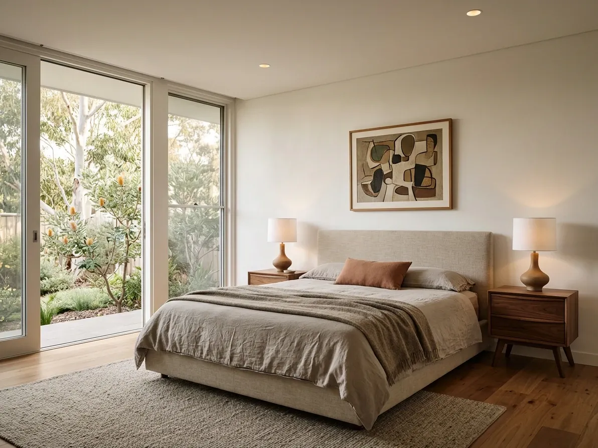 Mid-century modern bedroom with low horizontal bed, walnut bedside tables and one accent
