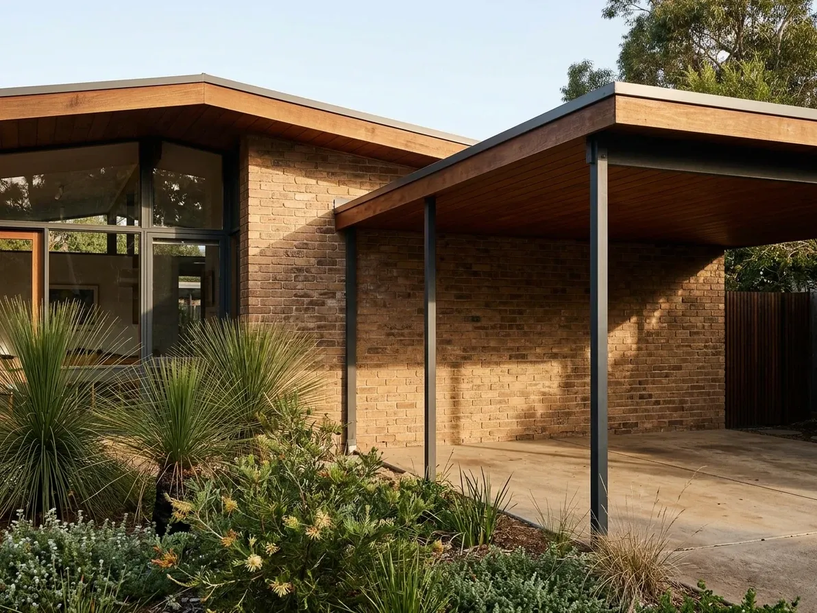 Australian mid-century modern exterior with skillion eave, brick and slim steel carport posts