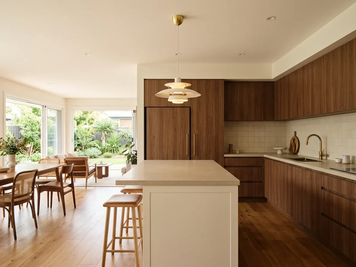 Mid-century modern Australian kitchen with walnut perimeter joinery and warm-white island