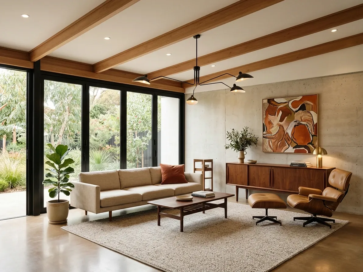 Mid-century modern living room with one hero chair, walnut sideboard and restrained accent colour