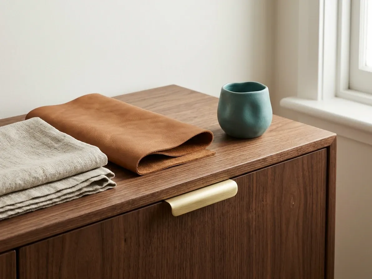 Mid-century modern material detail with walnut, brass, leather and a single accent colour