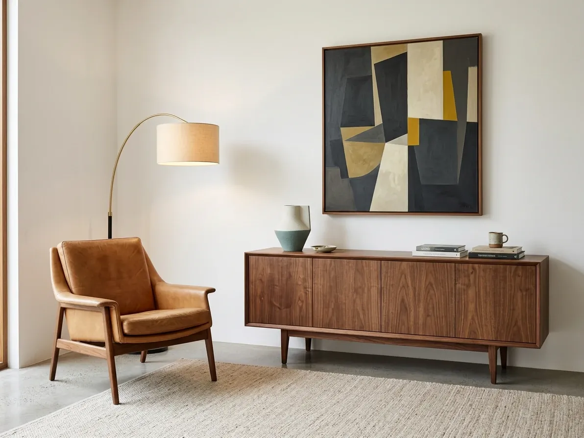 Mid-century modern vignette with walnut furniture, leather and a single pendant light