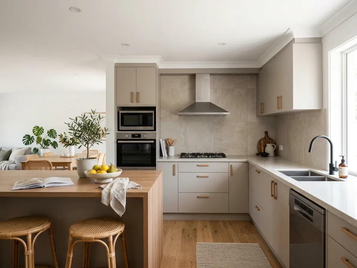 A representative mid-range Australian kitchen renovation with a sensible mid-priced splashback