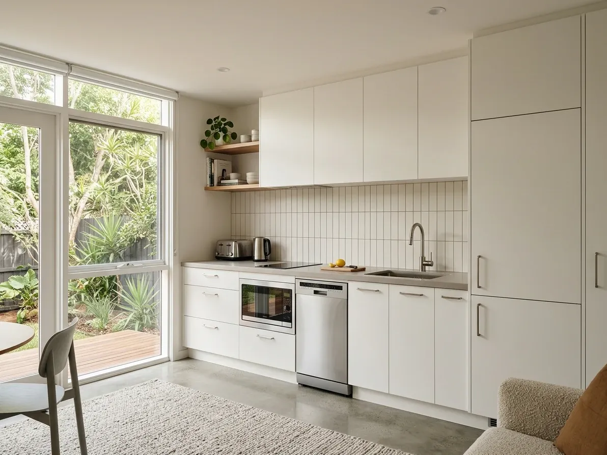 An honest mid-range kitchenette build, nicer than flat-pack but not luxury