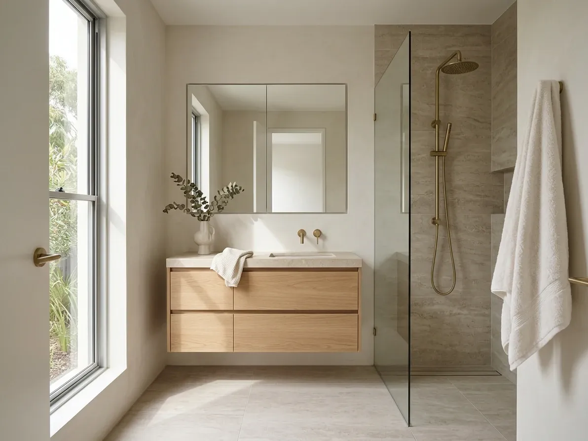 Minimalist Australian bathroom with wall-hung drawer vanity, large-format porcelain and a single warm metal finish