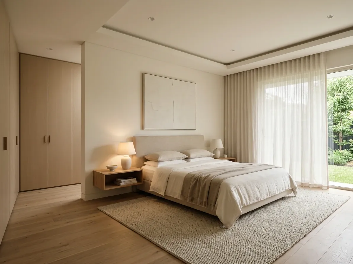 Minimalist Australian bedroom with built-in wardrobe wall, low platform bed and sheer linen curtains