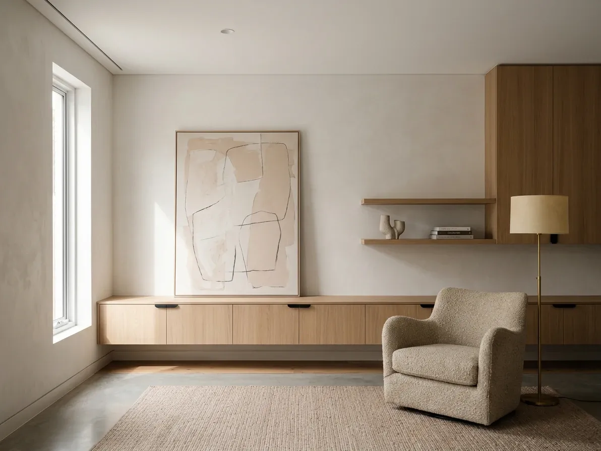Warm minimalist living room demonstrating restraint, negative space and a short controlled palette