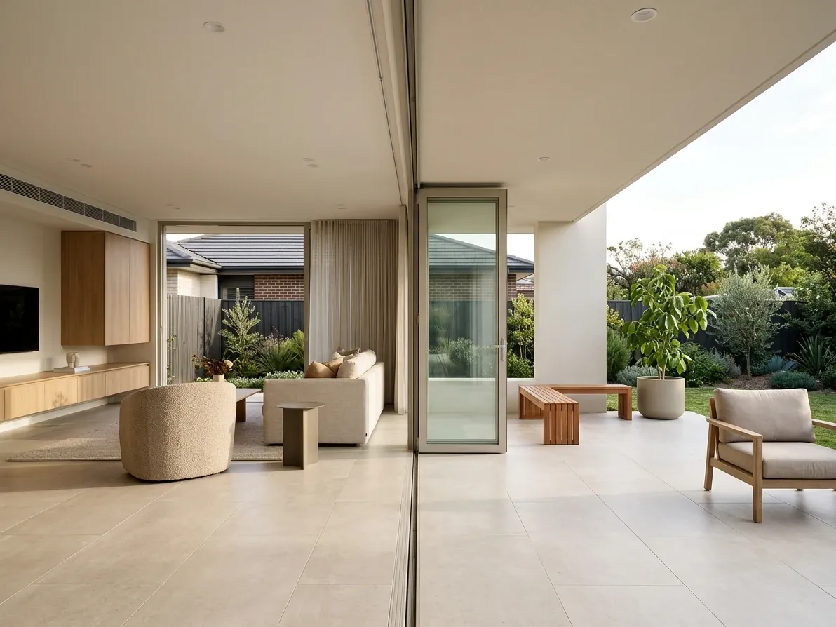 Australian living room with stacking doors open to an alfresco and continuous flooring across the threshold