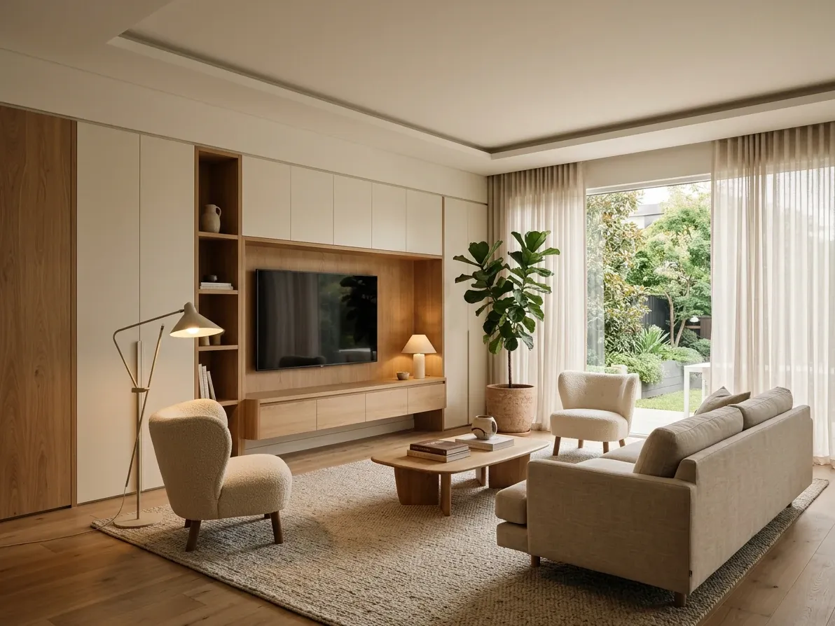Minimalist Australian living room with full-height built-in joinery wall and a clear floor