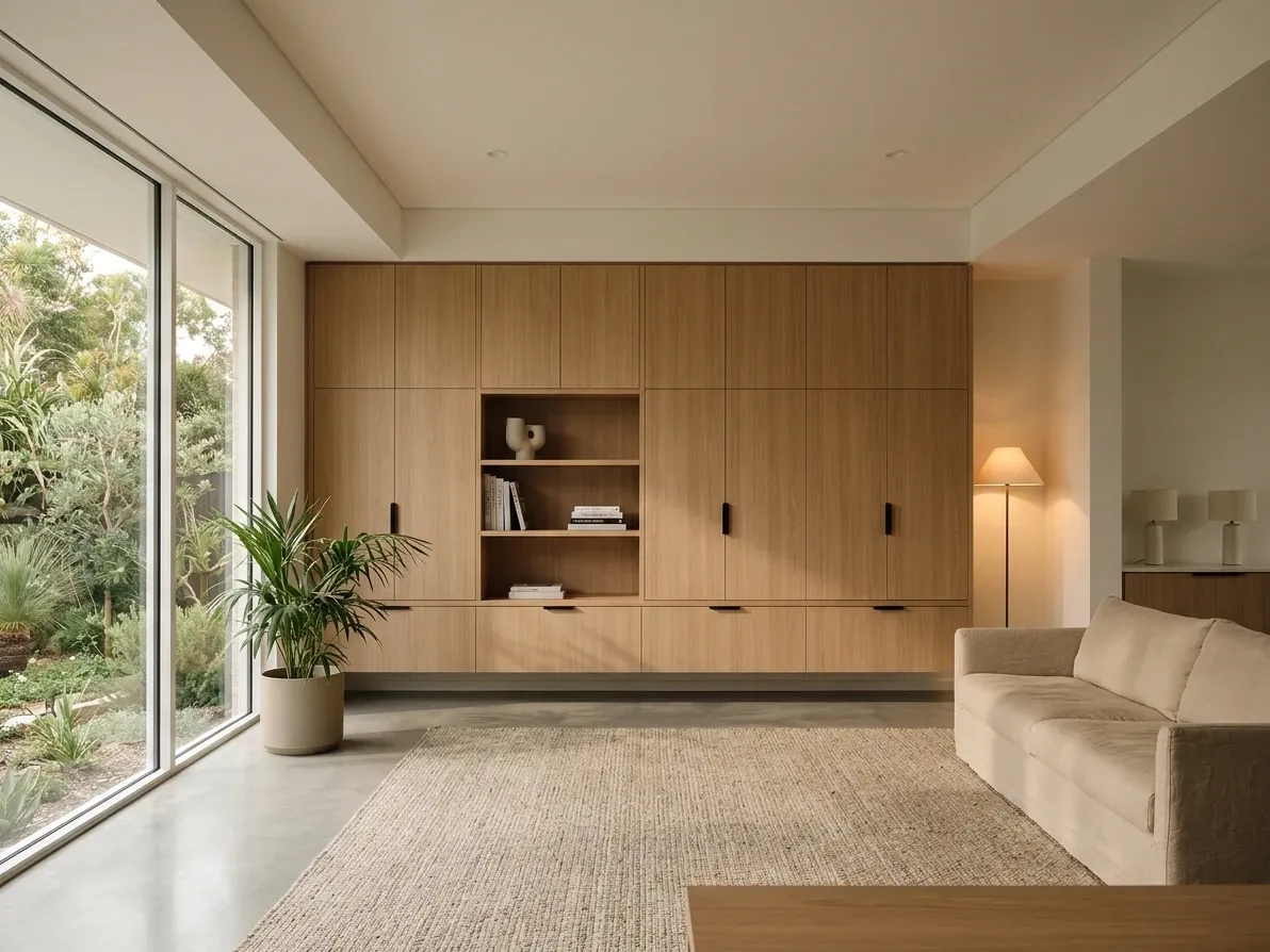 Warm minimalist living room with full-height built-in joinery, layered warm lighting and a short material palette