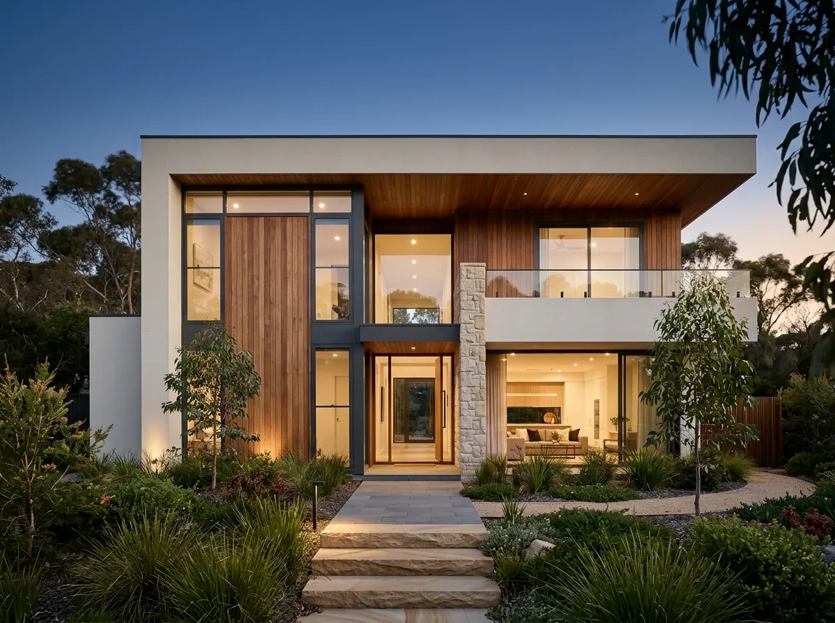 Contemporary Australian home exterior at dusk with warm interior glow through large glazed openings