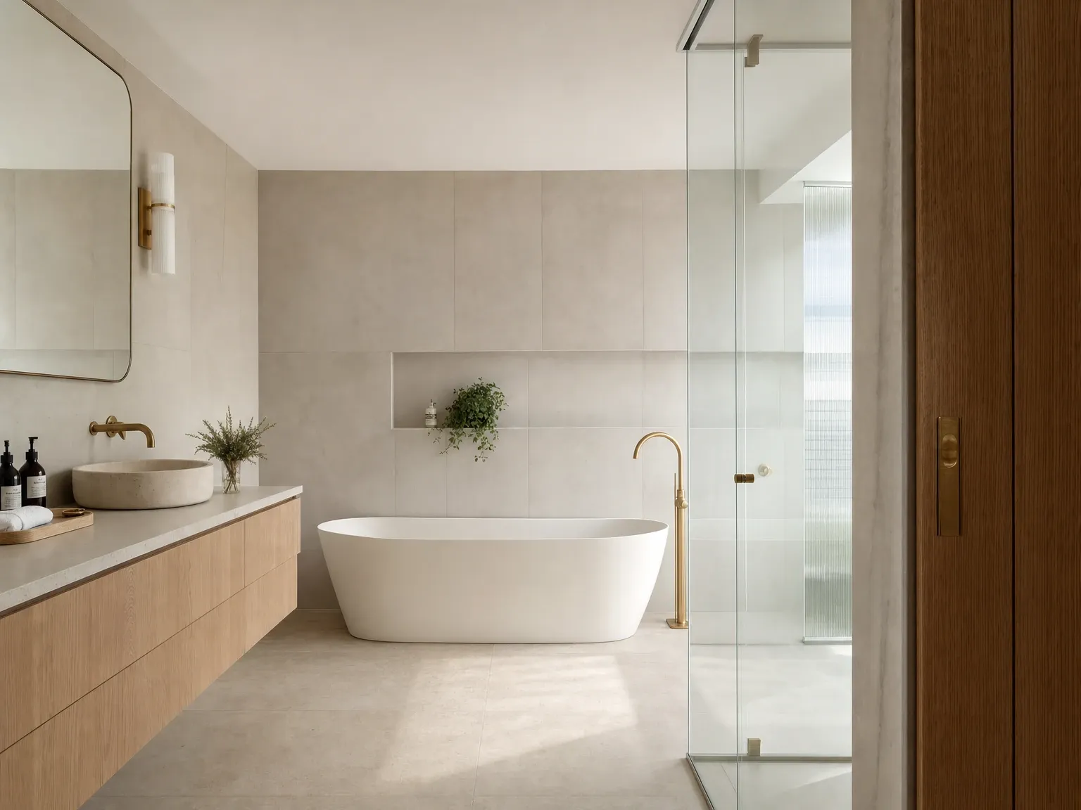 The same bathroom after a warm-minimalist 2026 renovation