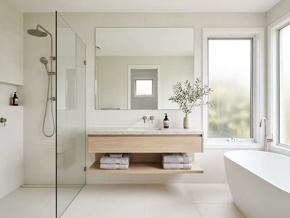 Modern Australian bathroom edited to portfolio quality with clean mirror reflections and balanced window exposure