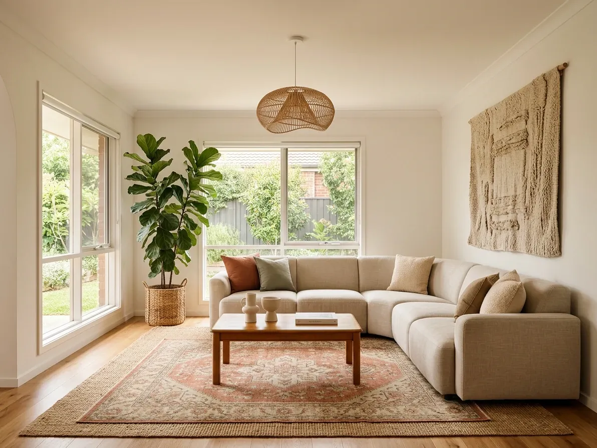 Calm 2026 modern boho living room with warm whites, bigger plants and restrained pattern