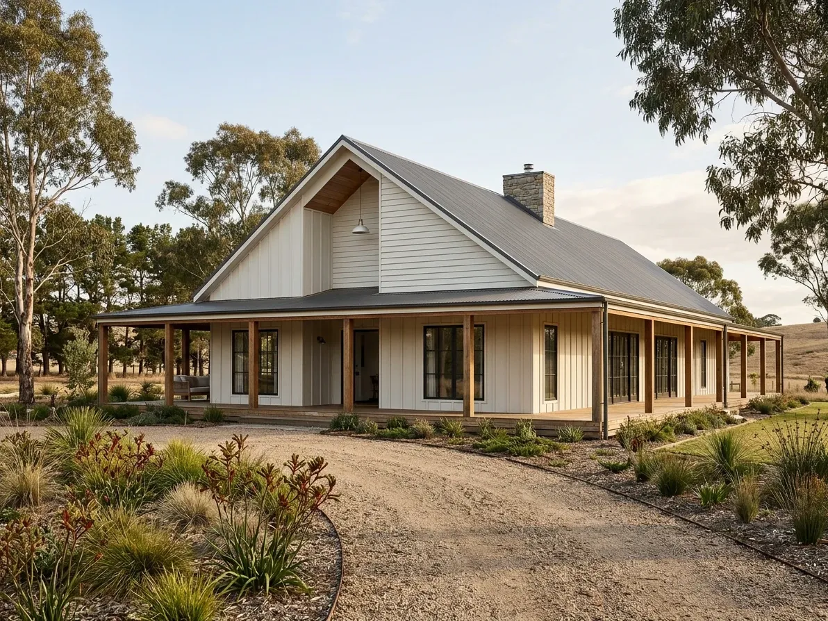 Contemporary Australian modern farmhouse exterior with board-and-batten cladding and deep verandah