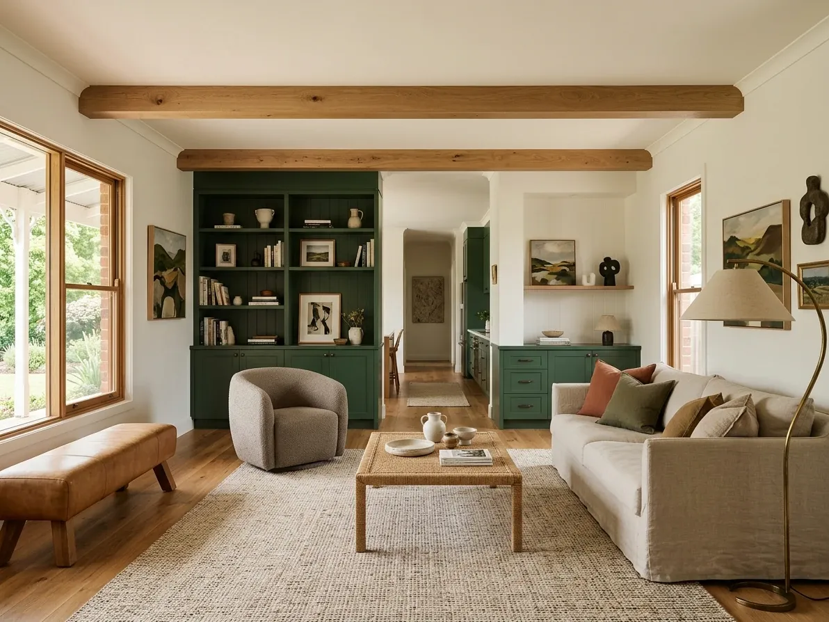 Warm 2026 modern farmhouse living room with honey oak floor and deep forest green accents