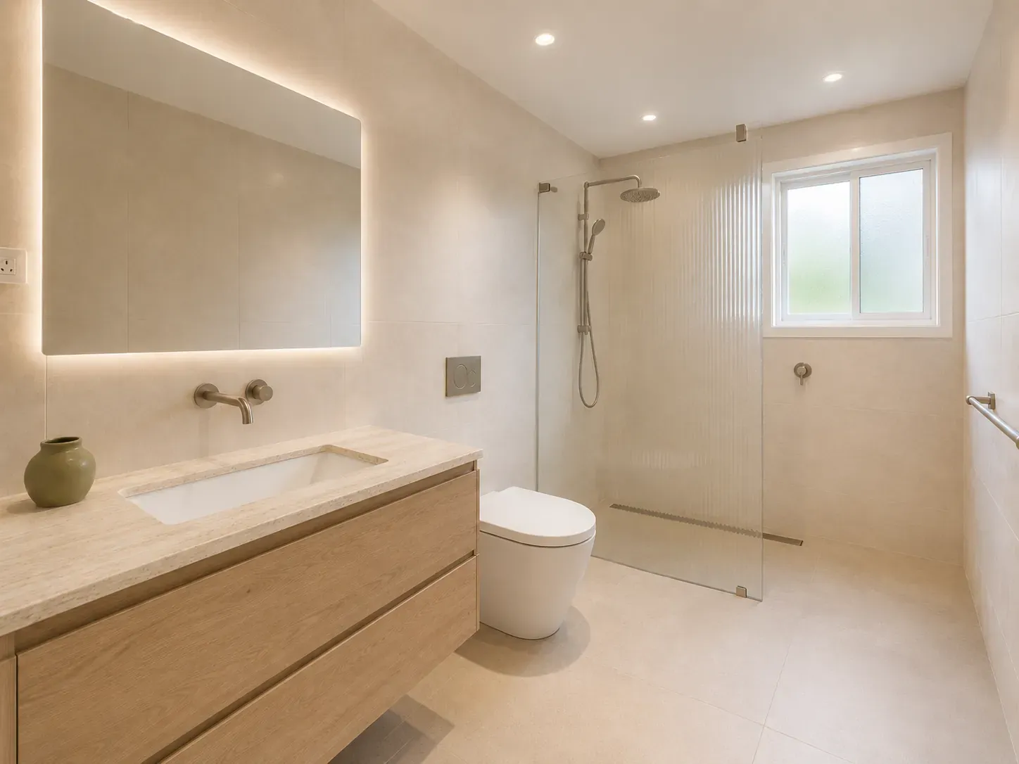 The same bathroom rendered with warm-minimalist 2026 finishes: light-oak wall-hung vanity, large-format porcelain tiles, hobless walk-in shower and brushed nickel tapware