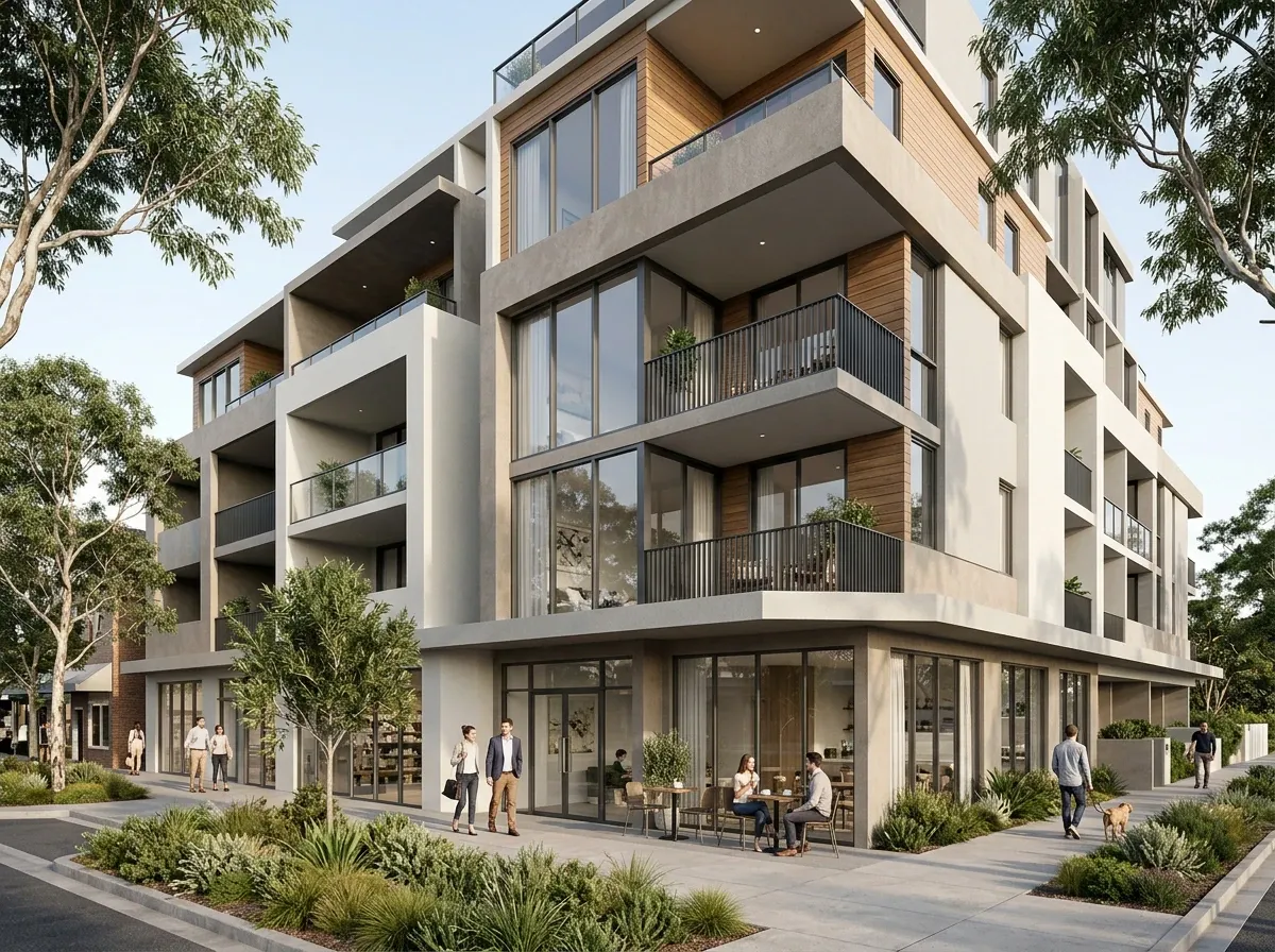 Mid-tier off-the-plan apartment building exterior marketing render in an Australian inner-suburban street setting