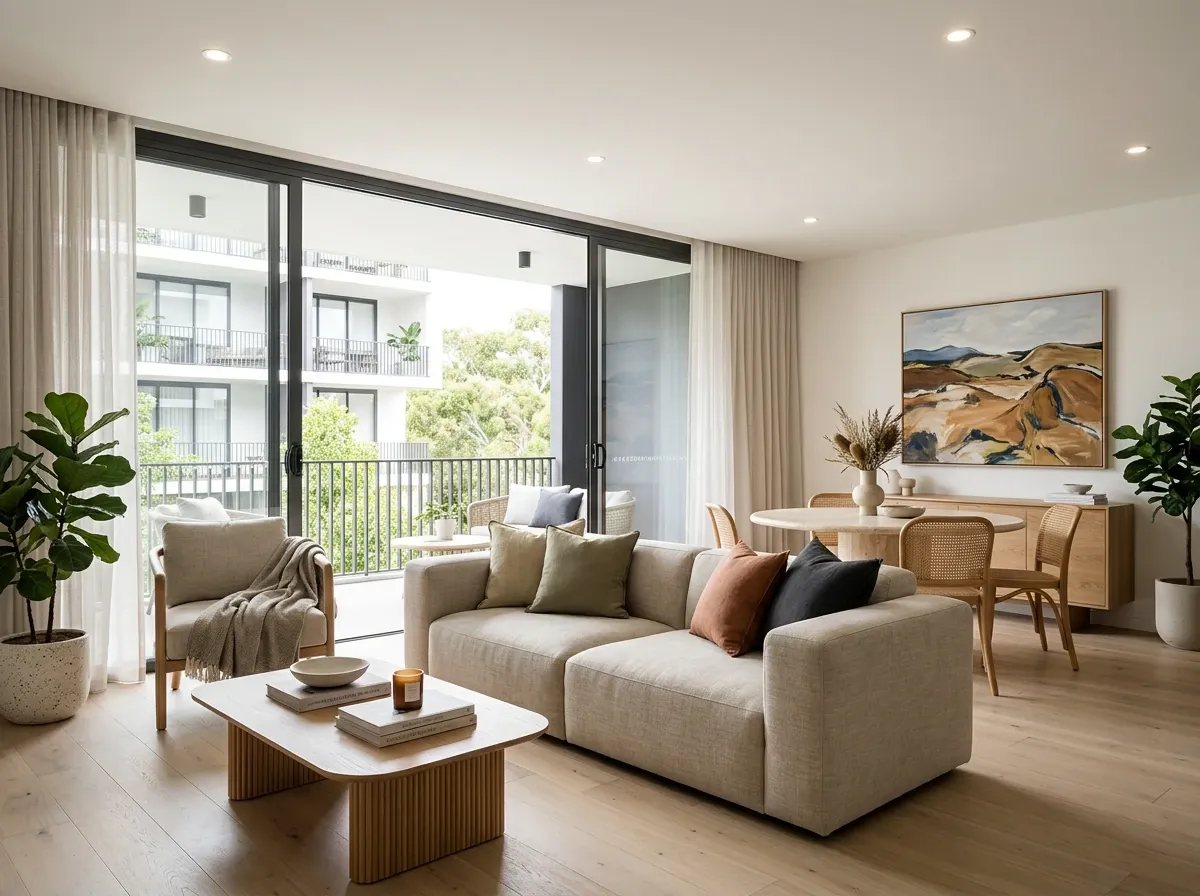 Newly completed Australian apartment interior virtually staged for off-the-plan marketing