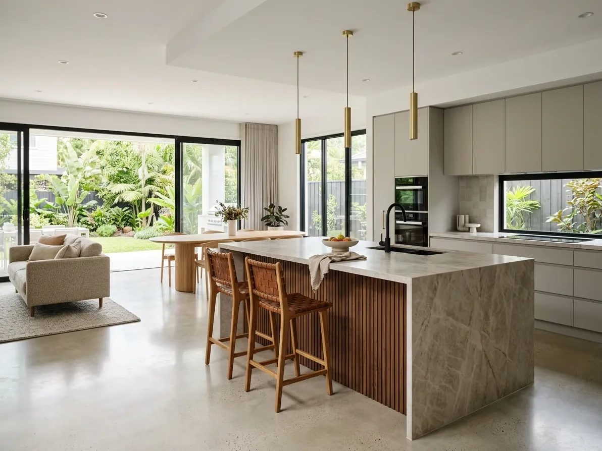 Open-plan Australian kitchen with a generous freestanding island and clear floor on every side
