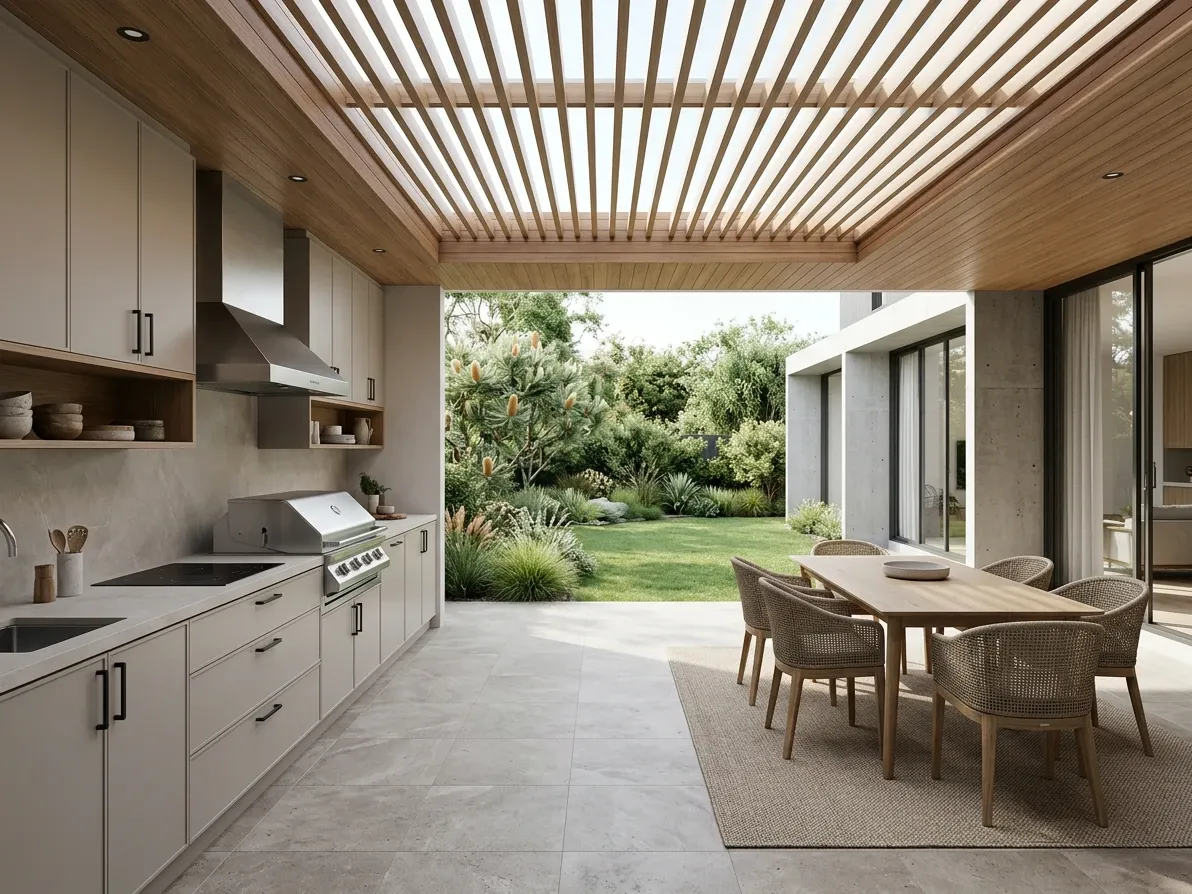 Photorealistic 3D render of an outdoor kitchen in an Australian backyard