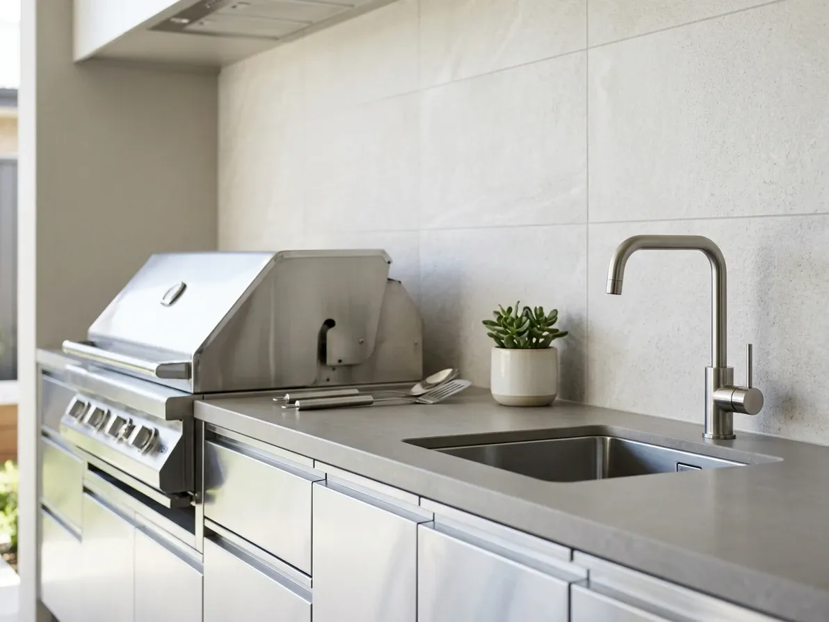 Well-maintained outdoor kitchen with pristine stainless and stone finishes