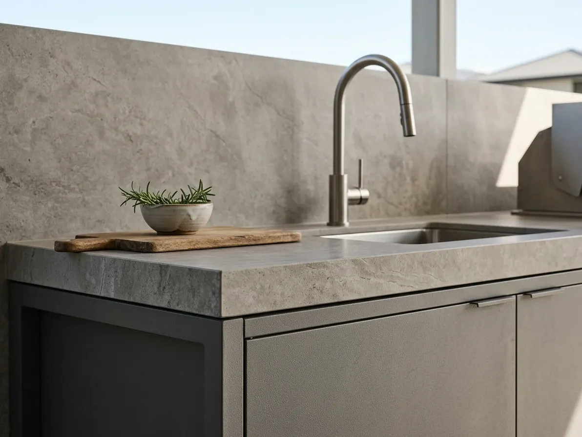 Close detail of sintered stone benchtop and marine-grade stainless outdoor kitchen cabinetry