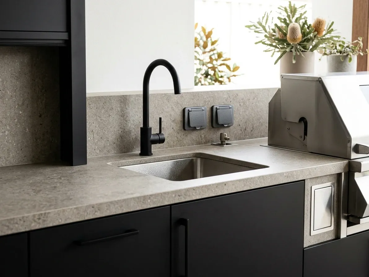 Outdoor kitchen sink, tapware and weatherproof power points integrated cleanly