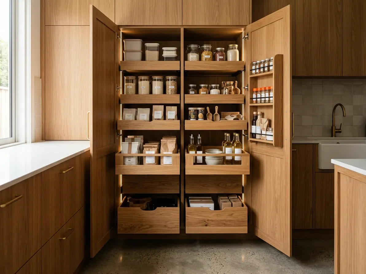Well-designed Australian kitchen pantry cabinet with internal drawers and pull-out storage