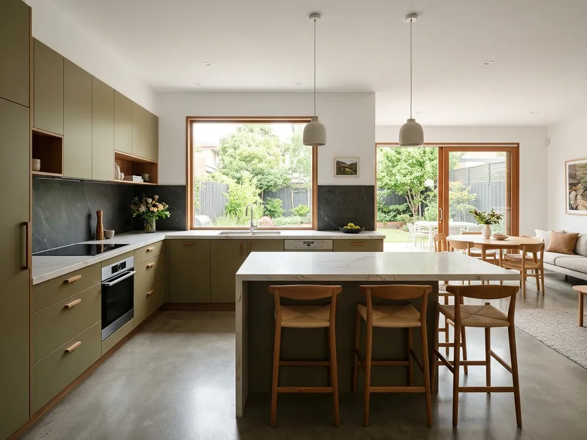 Australian kitchen with a peninsula attached to the main cabinetry run and bar stools