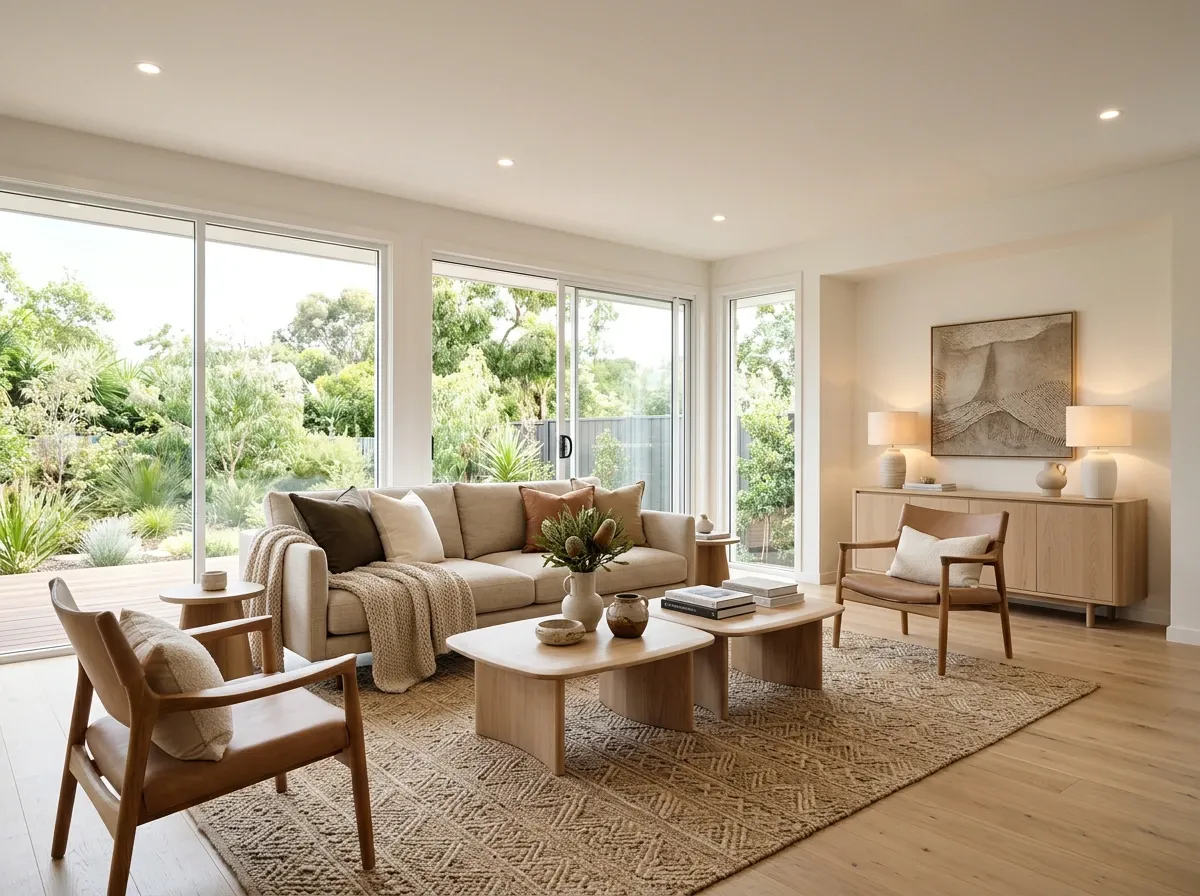 Virtually staged Australian living room that reads as convincingly as physical property styling