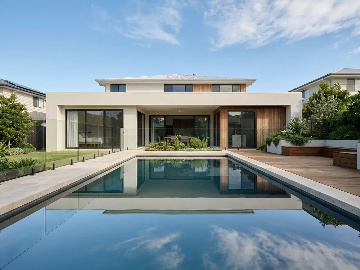 Australian home with a pool where the sky reflection matches the sky above