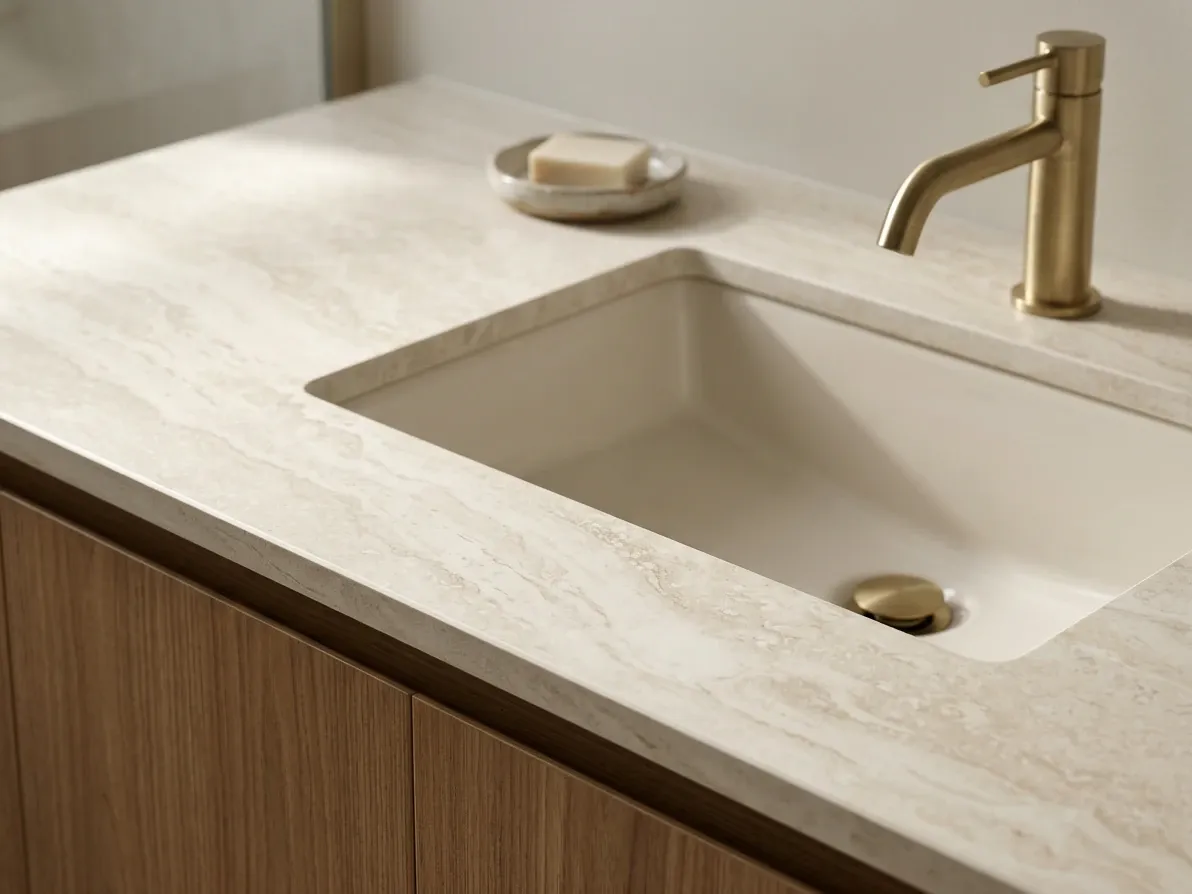 Porcelain slab vanity top with integrated basin in a contemporary bathroom