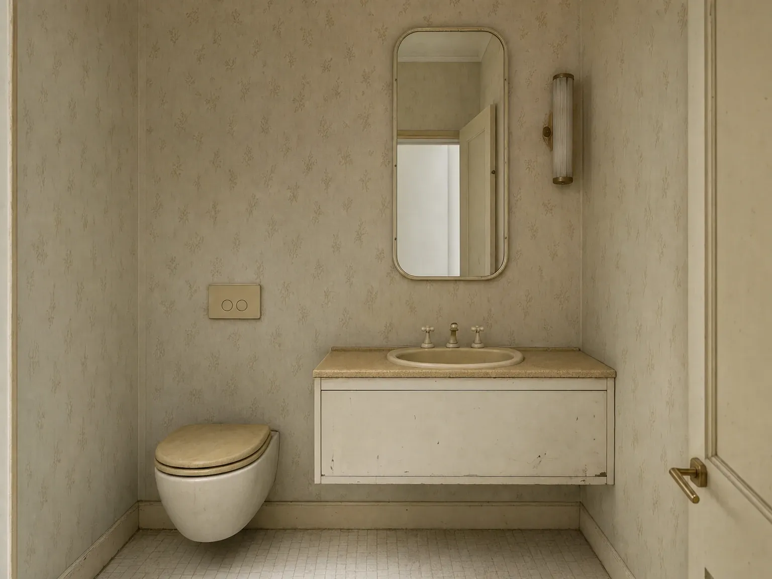 Dated builder-grade powder room before renovation